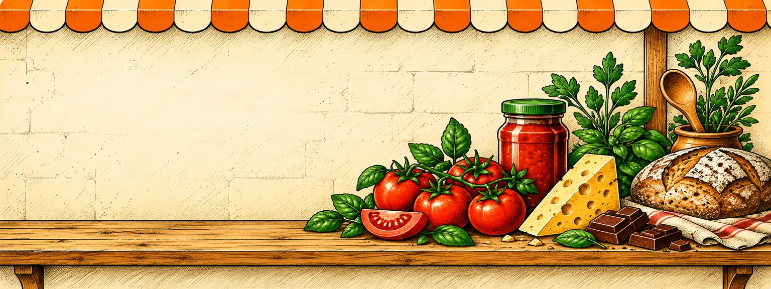 Рисуван пазар с домати, сирене, хляб и вкусни находки