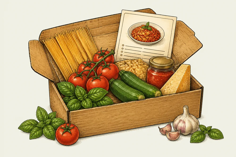 Илюстрация на кутия с продукти и рецепта за паста със зеленчуци